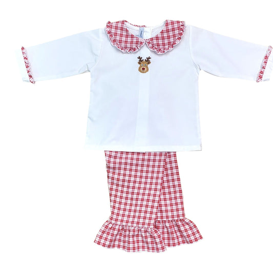 Sweet Dreams Rudolph Embroidered White & Red Plaid Girl Pants