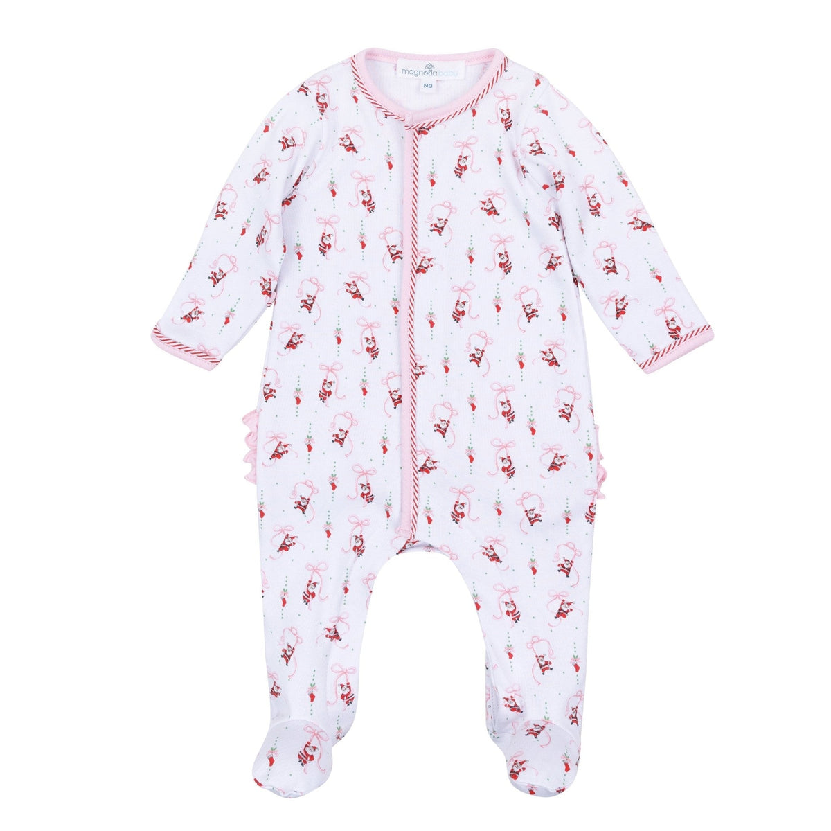 Magnolia Baby Jolly Ribbons Print Ruffle Zip Footie - Pink