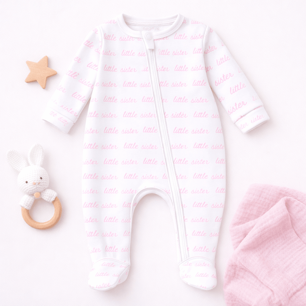 Magnolia Baby Little Sister Print Zip Footie