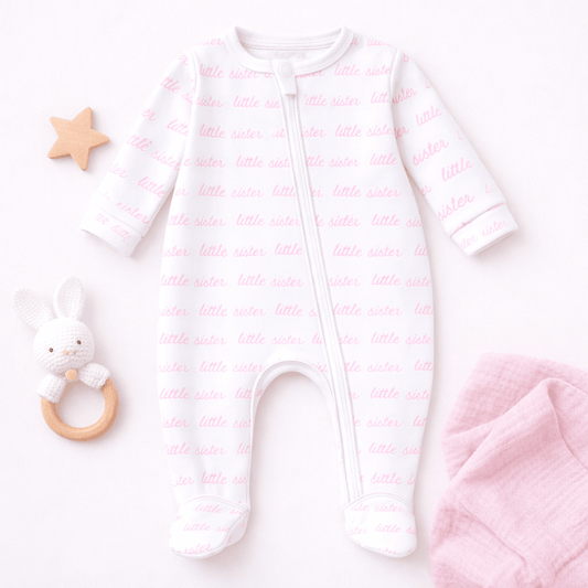 Magnolia Baby Little Sister Print Zip Footie