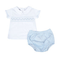 Magnolia Baby Mini Checks Blue Smocked Collared S/S Diaper Cover Set