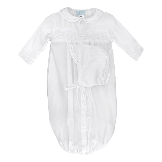 Petit Ami Neutral Smocked Bag Gown with Bonnet