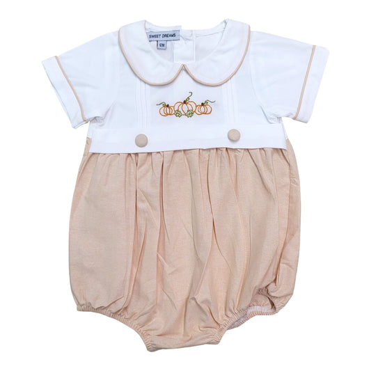 Sweet Dreams White & Orange Pumpkin Embroidered Boy Bubble