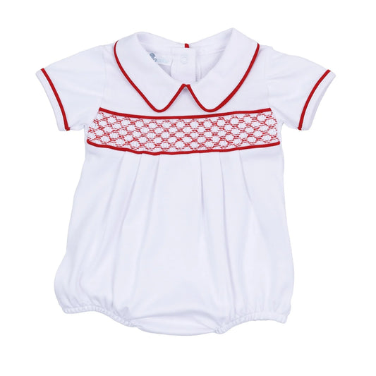 Magnolia Baby Red & White Essentials Smocked Short Sleeve Boy Bubble