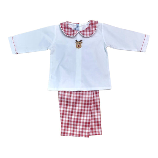 Sweet Dreams Rudolph Embroidered White & Red Plaid Boy Pants Set