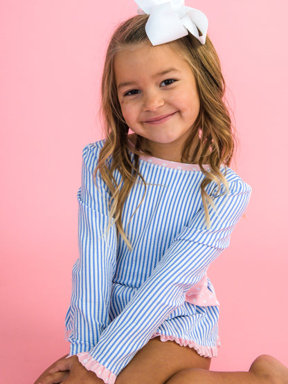 RuffleButts Periwinkle Blue Seersucker Long Sleeve One Piece Bow Peplum Rash Guard Swimsuit