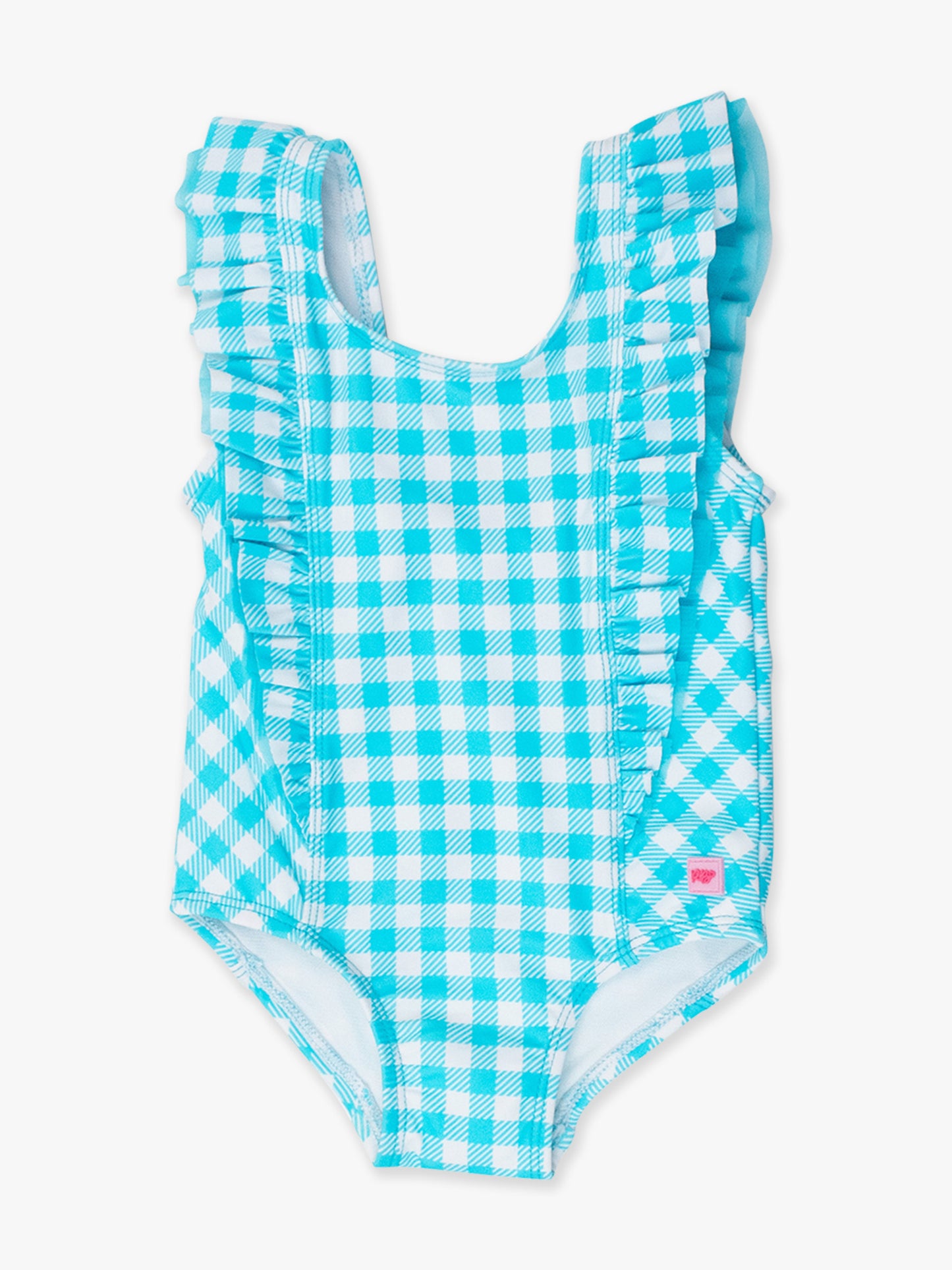 RuffleButts Aqua Blue Gingham Waterfall One Piece Swimsuit