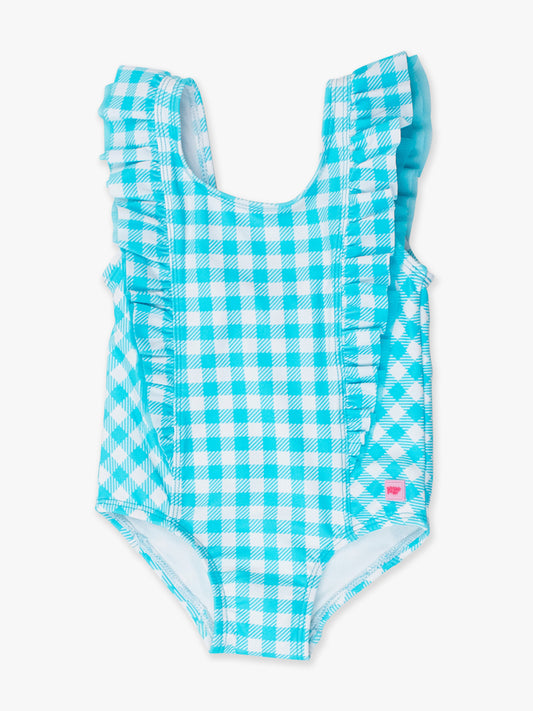 RuffleButts Aqua Blue Gingham Waterfall One Piece Swimsuit