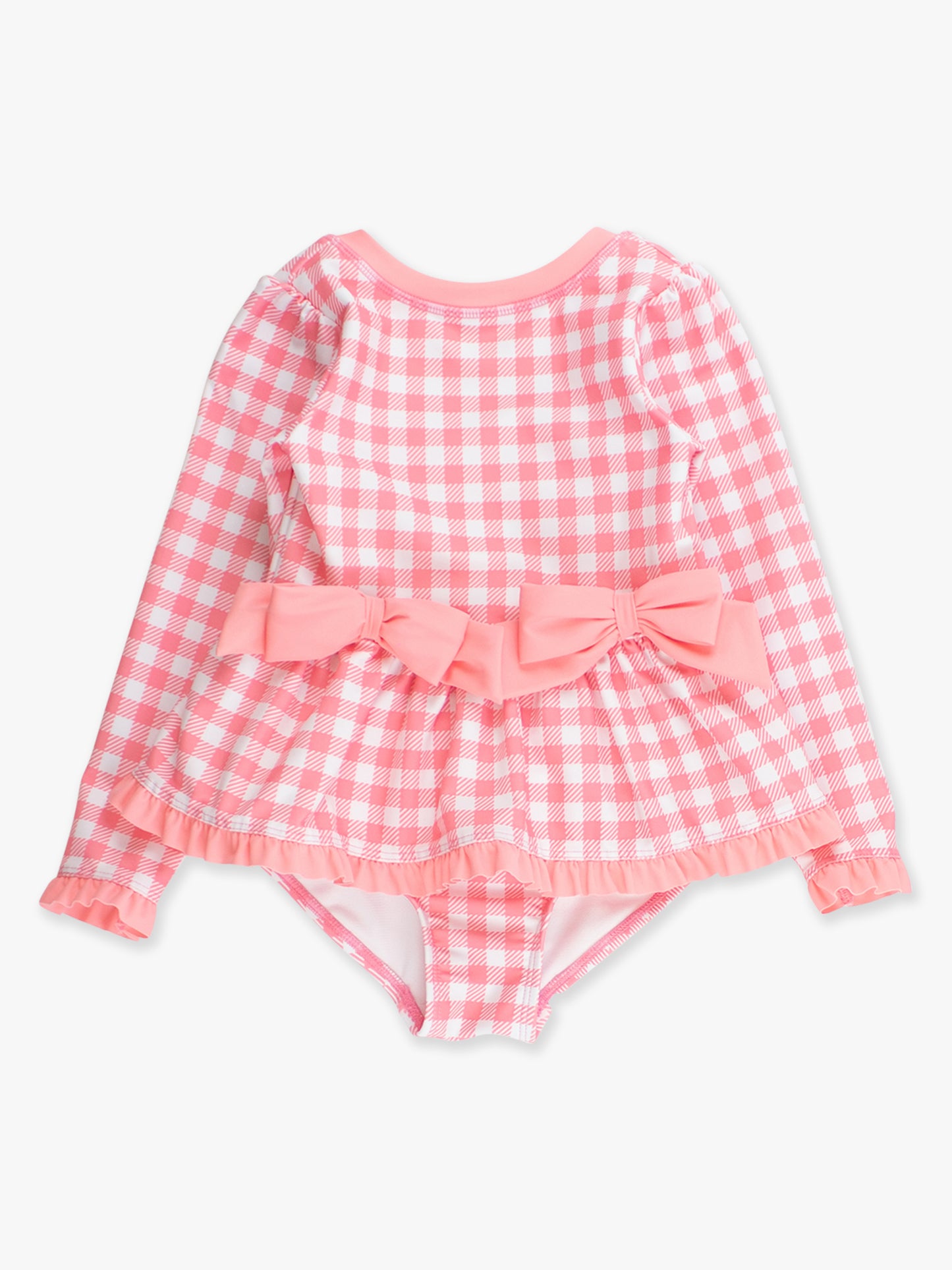 RuffleButts Long Sleeve Bubblegum Pink Gingham One Piece Rashguard Swimsuit