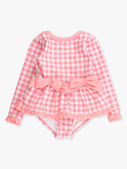 RuffleButts Long Sleeve Bubblegum Pink Gingham One Piece Rashguard Swimsuit