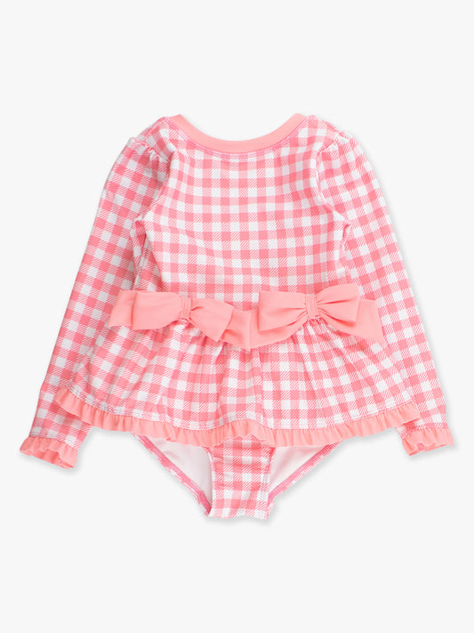 RuffleButts Long Sleeve Bubblegum Pink Gingham One Piece Rashguard Swimsuit
