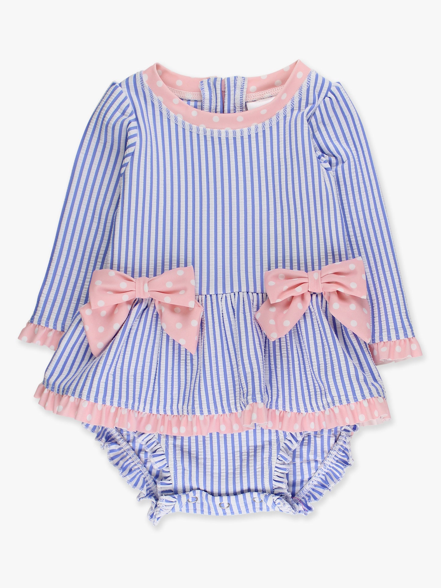 RuffleButts Seersucker Long Sleeve One Piece Bow Peplum Rash Guard Swimsuit