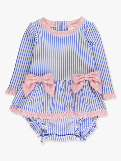 RuffleButts Seersucker Long Sleeve One Piece Bow Peplum Rash Guard Swimsuit