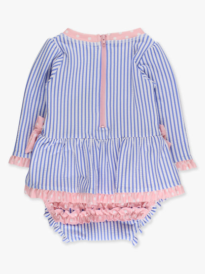 RuffleButts Seersucker Long Sleeve One Piece Bow Peplum Rash Guard Swimsuit