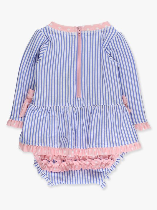 RuffleButts Seersucker Long Sleeve One Piece Bow Peplum Rash Guard Swimsuit