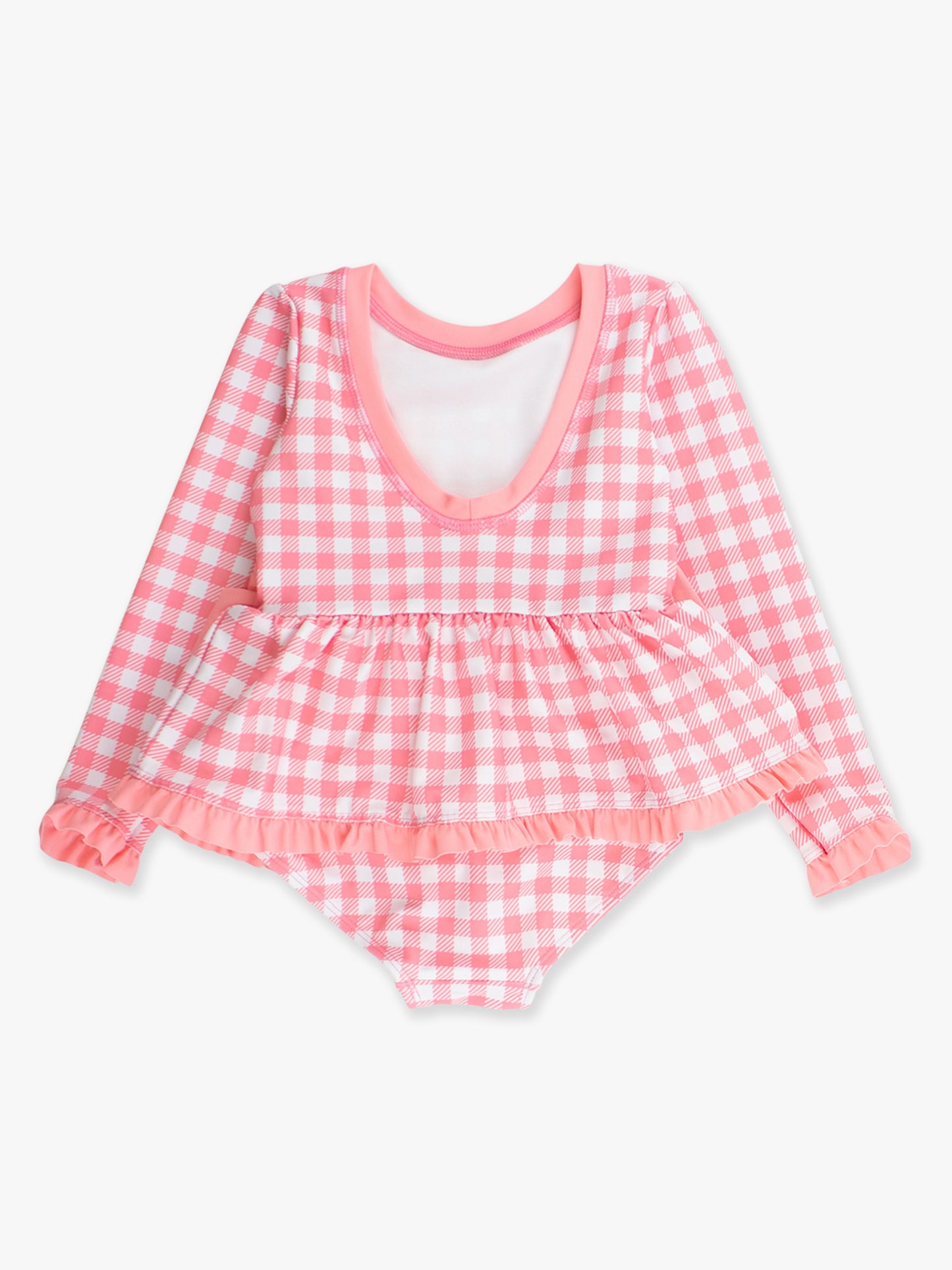RuffleButts Long Sleeve Bubblegum Pink Gingham One Piece Rashguard Swimsuit