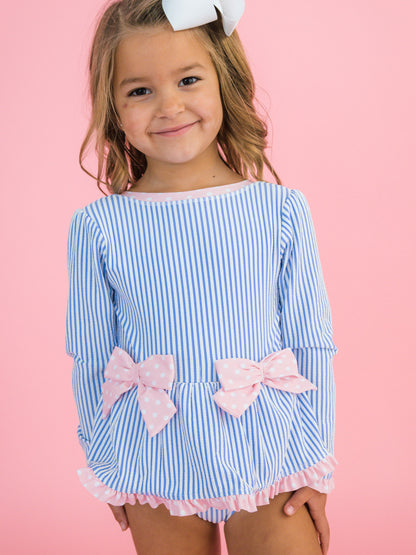 RuffleButts Periwinkle Blue Seersucker Long Sleeve One Piece Bow Peplum Rash Guard Swimsuit