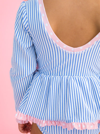 RuffleButts Periwinkle Blue Seersucker Long Sleeve One Piece Bow Peplum Rash Guard Swimsuit