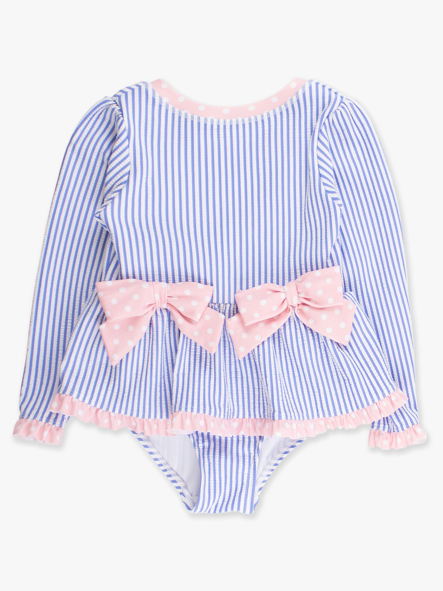 RuffleButts Periwinkle Blue Seersucker Long Sleeve One Piece Bow Peplum Rash Guard Swimsuit