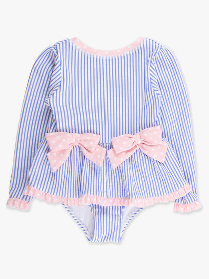 RuffleButts Periwinkle Blue Seersucker Long Sleeve One Piece Bow Peplum Rash Guard Swimsuit