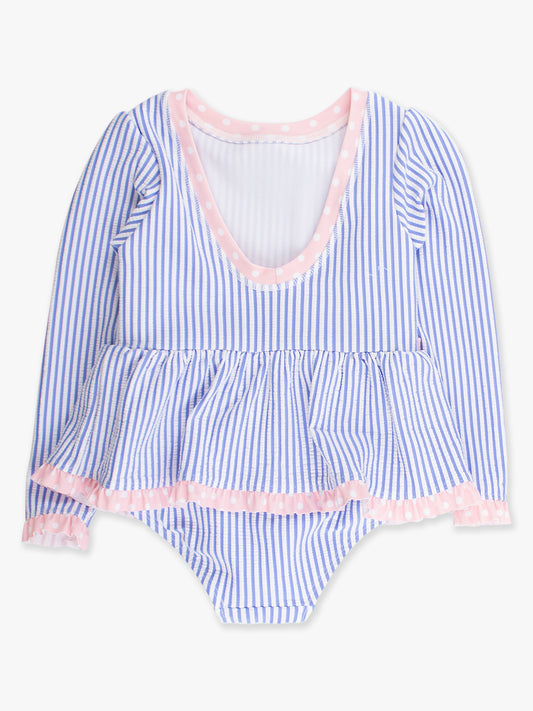 RuffleButts Periwinkle Blue Seersucker Long Sleeve One Piece Bow Peplum Rash Guard Swimsuit