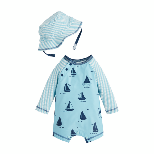 Mudpie Sailboat Rashguard One-Piece and Hat Set