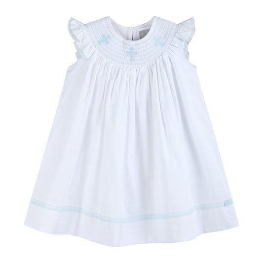 Lil Cactus White and Blue Holy Smocked Bishop Dress