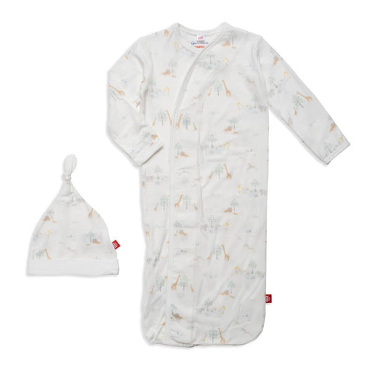 Magnetic Me White Serene Safari Modal Magnetic Cozy Sleeper Gown + Hat Set Newborn-3 Months