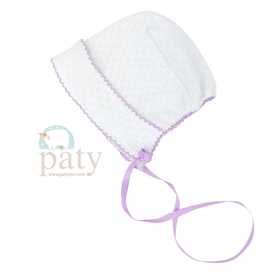 Paty Inc White Bonnet With Lavender Ribbon & Trim