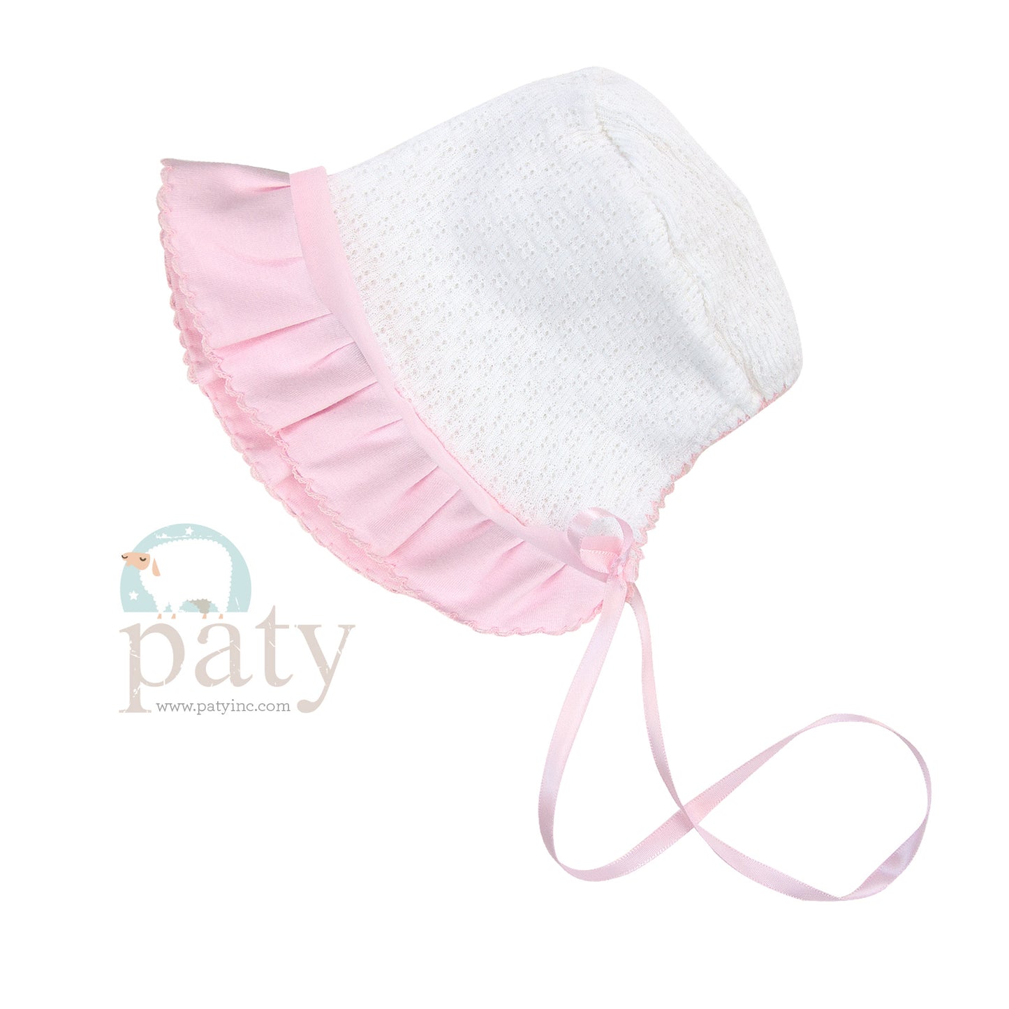 Paty Inc White Knit Bonnet With Cotton & Chiffon Trim (White/Pink Options)