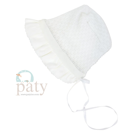 Paty Inc White Knit Bonnet With Cotton & Chiffon Trim (White/Pink Options)