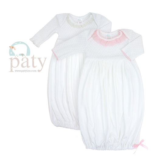 Paty Inc Long Sleeve Newborn White Pima Gown with Chiffon Trim (Ivory/Pink)