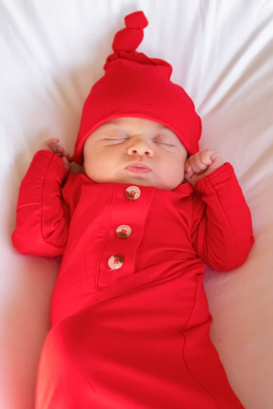 Knotted Baby Gown Set (Newborn - 3 mo) - Red: Hat