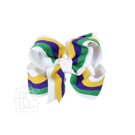 Beyond Creations Layered Mardi Gras Stripe Bow on Alligator Clip: 5.5" Huge - 2.25" Gros. & 2" Mardi Gras Ribbon