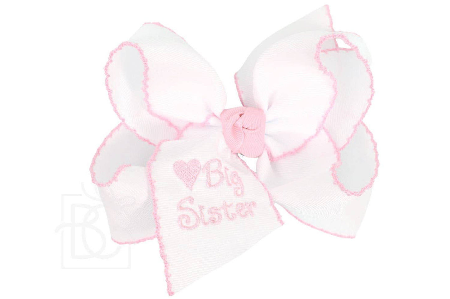 Embroidered Big Sister Crochet Edge Bow: White w/ Pink Crochet Edge / 5.5" Huge / Big Sister