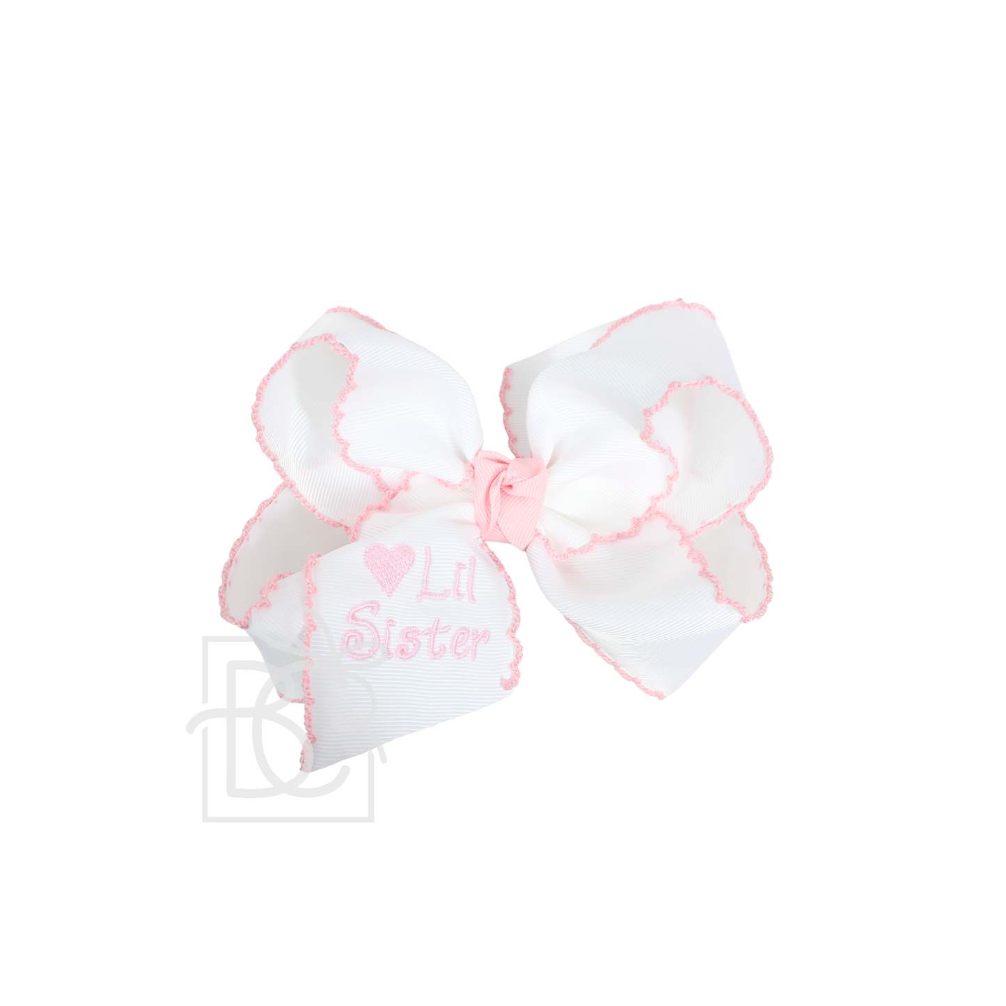 Beyond Creations Embroidered Lil Sister Crochet Edge Bow: White w/ Pink Crochet Edge / 4.5" Large / Lil Sister