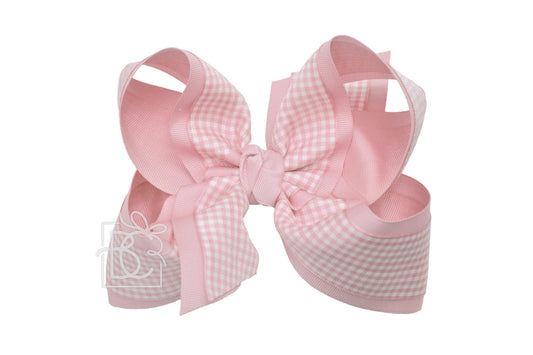 Beyond Creations 5.5" Gingham Layered Bow with Knot on Alligator Clip Light Pink