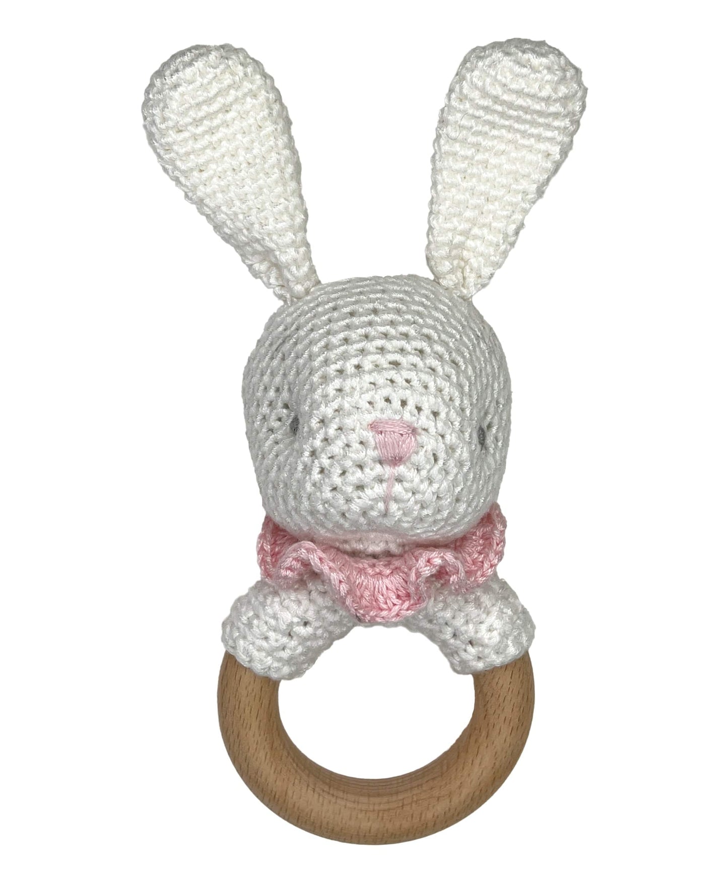 Zubels Pink/Blue Bunny Bamboo Crochet Woodring Rattle 5" BUNWR5