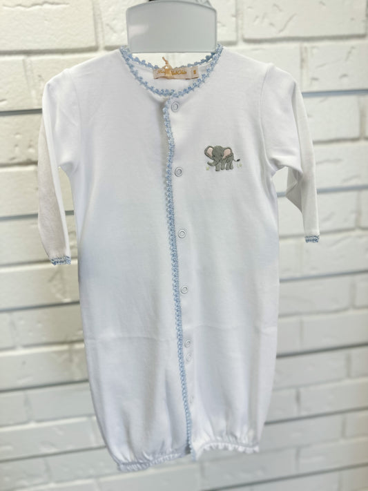 Baby Club Chic Savanna Convertible Gown with Light Blue Crochet Trim & Embroidered Elephant