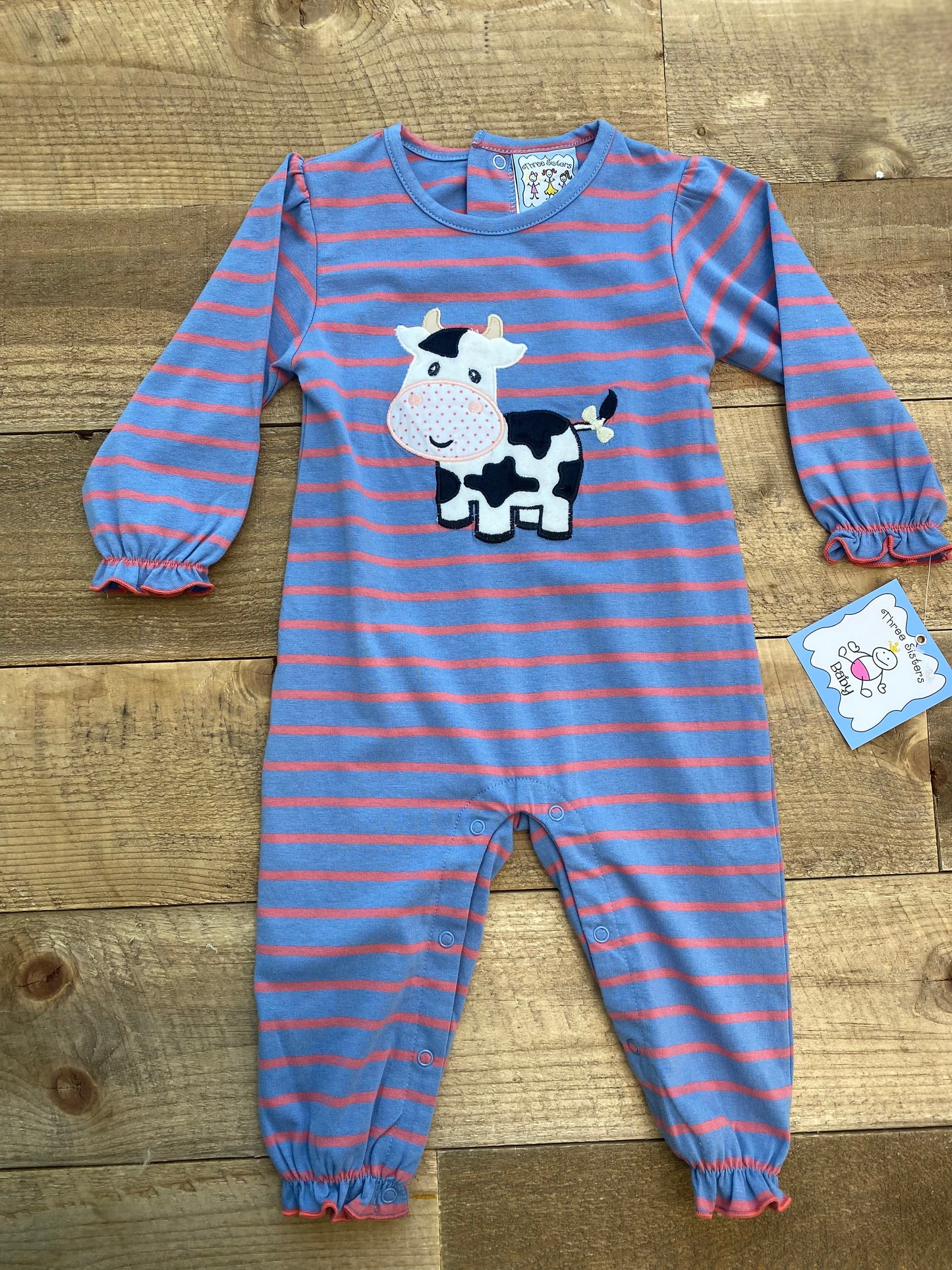 Three Sisters Girls Moo Cow Striped Romper