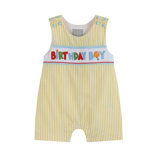 Lil Cactus - Yellow Striped 'Birthday Boy' Smocked Shortalls
