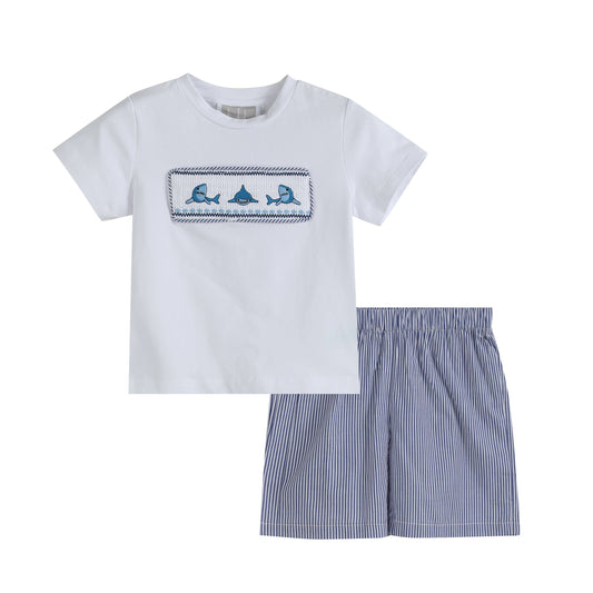 Lil Cactus - White Shark Smocked Tee and Navy Stripe Shorts Set