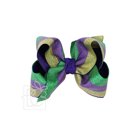 Beyond Creations Layered Mardi Gras Metallic Bow on Alligator Cip: 5.5" Huge